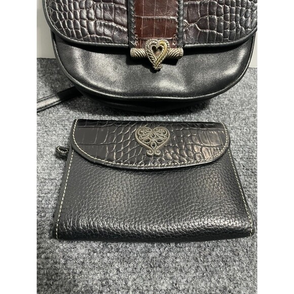 Vintage One World Brighton ChocBrown Croc-Embossed & Black Leather Crossbody Bag - Picture 3 of 12